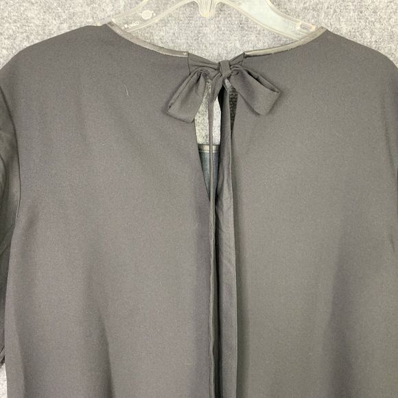 Ann Taylor Black Top 3/4 Sleeve Front Leather Panel Women M Keyhole & Tie Back - Picture 8 of 10